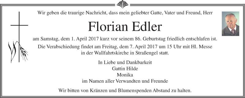  Traueranzeige für Florian Edler vom 05.04.2017 aus Kleine Zeitung