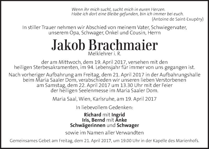  Traueranzeige für Jakob Brachmaier vom 21.04.2017 aus Kleine Zeitung