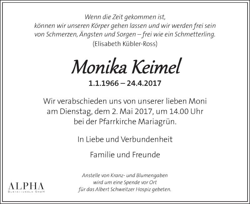  Traueranzeige für Monika Keimel vom 29.04.2017 aus Kleine Zeitung