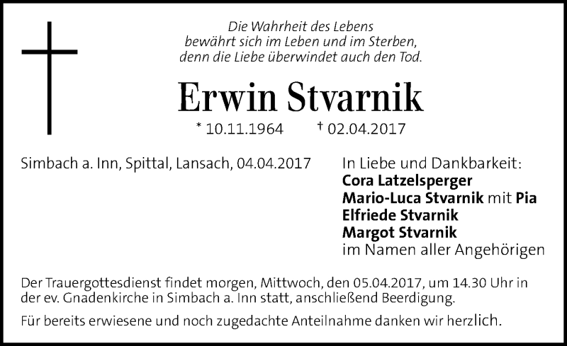  Traueranzeige für Erwin Stvarnik vom 04.04.2017 aus Kleine Zeitung