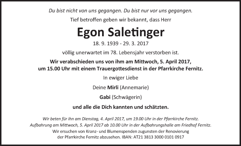  Traueranzeige für Egon Saletinger vom 01.04.2017 aus Kleine Zeitung