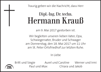 Traueranzeige von Hermann Krauß von Kleine Zeitung