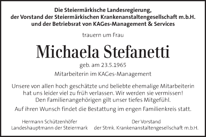  Traueranzeige für Michaela Stefanetti vom 24.05.2017 aus Kleine Zeitung