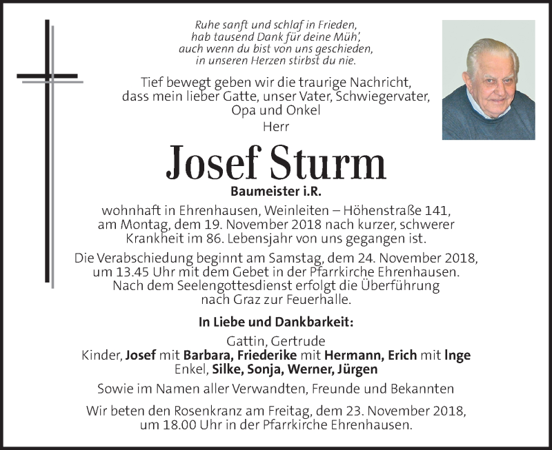 Traueranzeigen Von Josef Sturm Trauer Kleinezeitung At