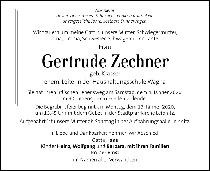 Traueranzeigen Von Gertrude Zechner Trauer Kleinezeitung At