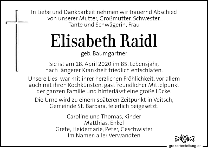 Traueranzeigen Von Elisabeth Raidl Trauer Kleinezeitung At