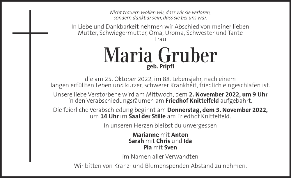 Traueranzeigen Von Maria Gruber Trauer Kleinezeitung At