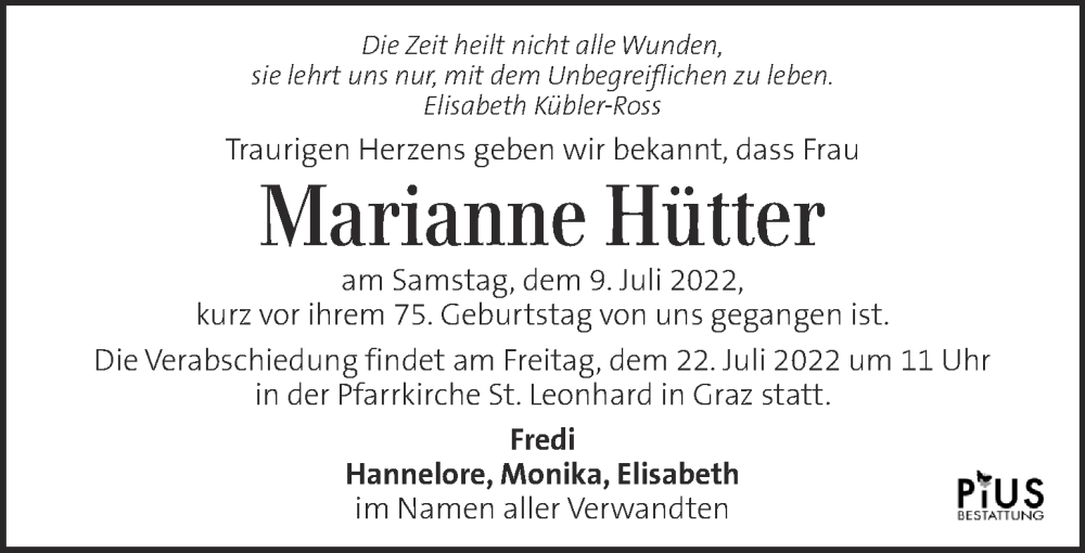 Traueranzeigen von Marianne Hütter trauer kleinezeitung at