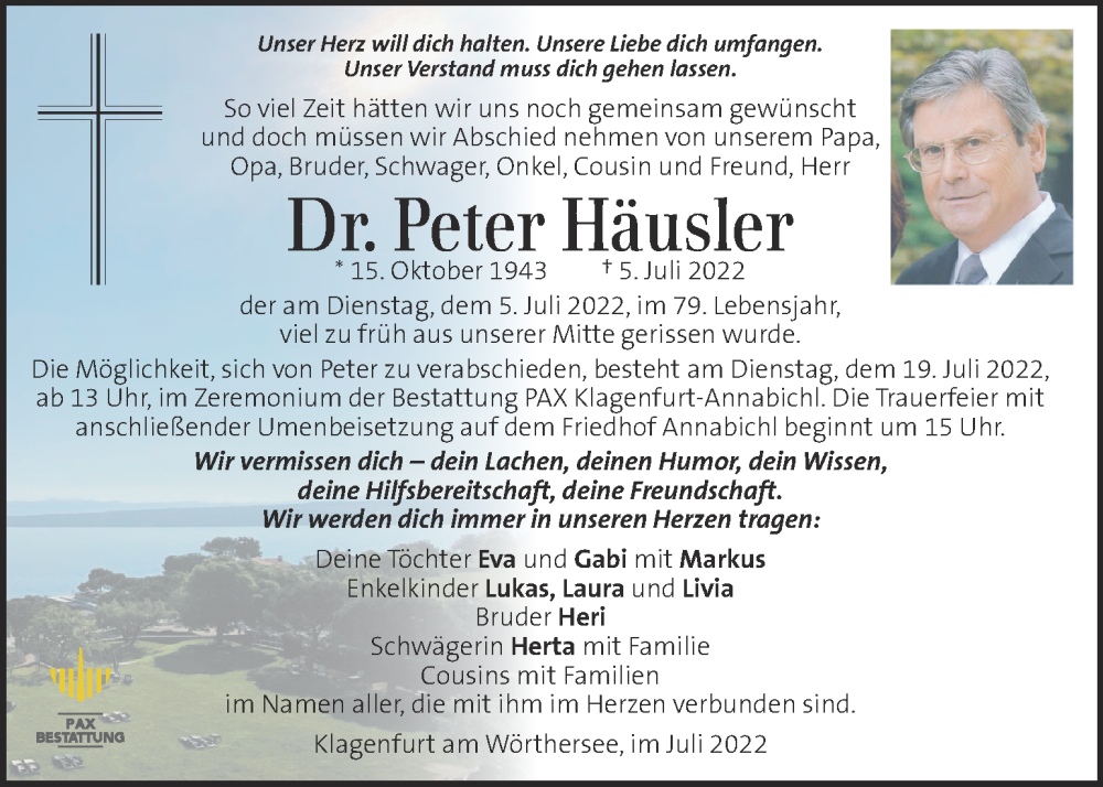 Traueranzeigen von Peter Häusler trauer kleinezeitung at