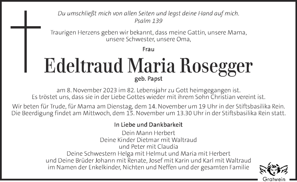 Traueranzeigen Von Edeltraud Maria Rosegger Trauer Kleinezeitung At