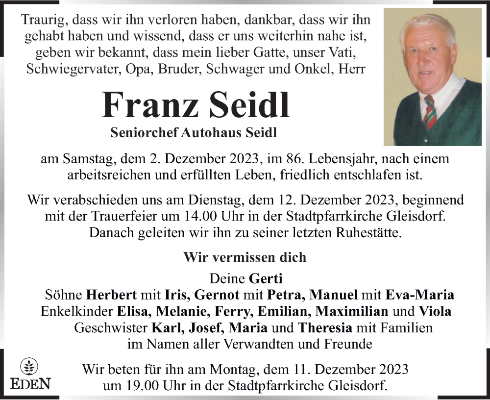 Traueranzeigen Von Franz Seidl Trauer Kleinezeitung At