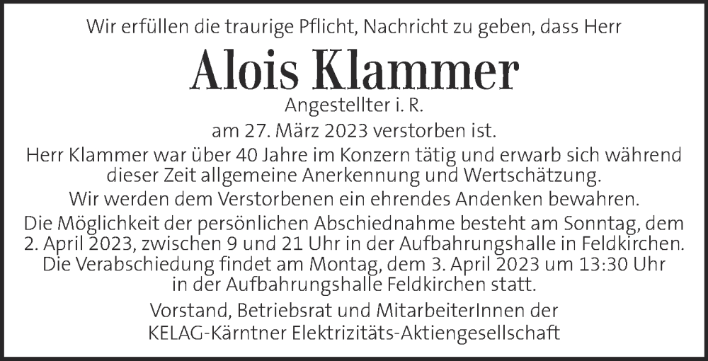 Traueranzeigen Von Alois Klammer Trauer Kleinezeitung At