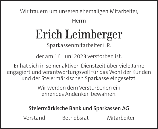 Traueranzeigen Von Erich Leimberger Trauer Kleinezeitung At