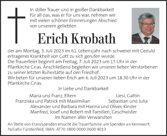 Traueranzeigen Von Erich Krobath Trauer Kleinezeitung At