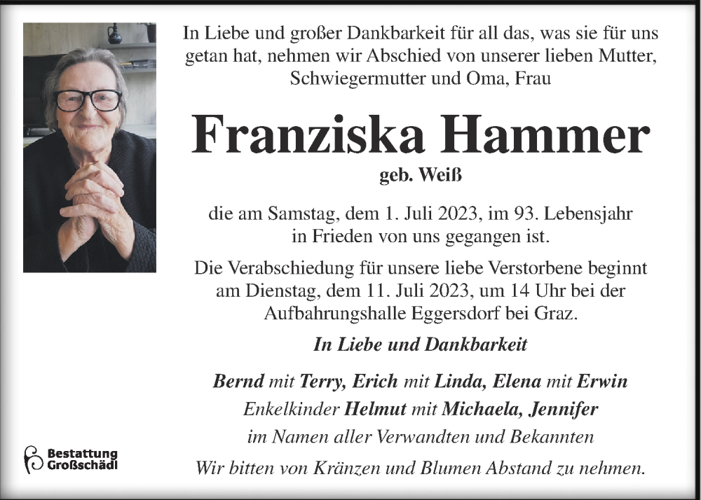 Traueranzeigen Von Franziska Hammer Trauer Kleinezeitung At