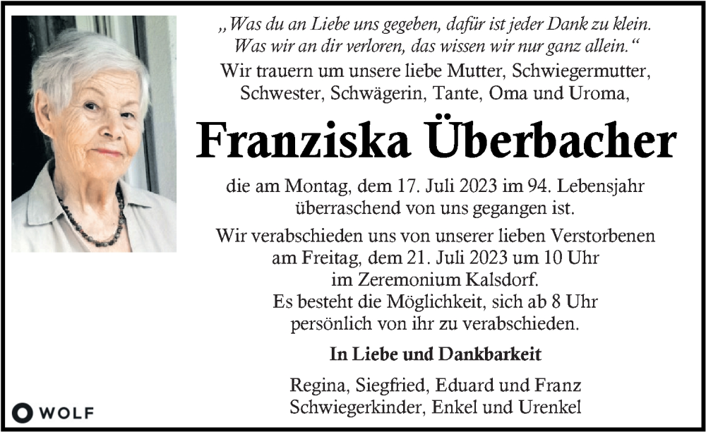 Traueranzeigen von Franziska Überbacher trauer kleinezeitung at