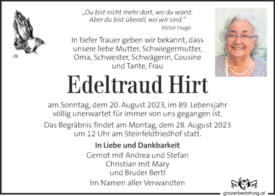 Traueranzeigen Von Edeltraud Hirt Trauer Kleinezeitung At