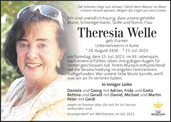 Traueranzeigen Von Theresia Welle Trauer Kleinezeitung At