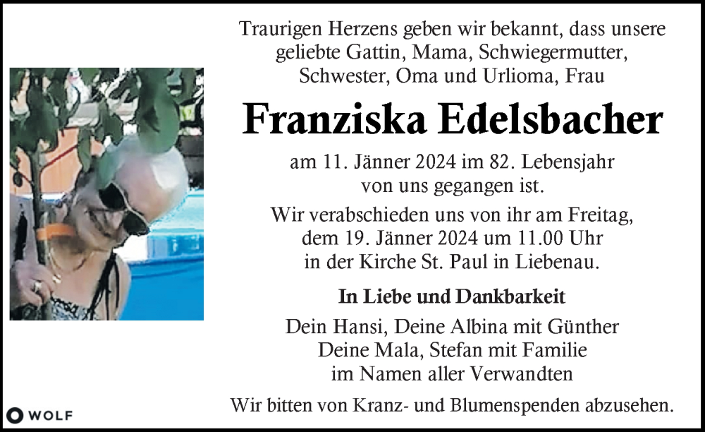 Traueranzeigen Von Franziska Edelsbacher Trauer Kleinezeitung At