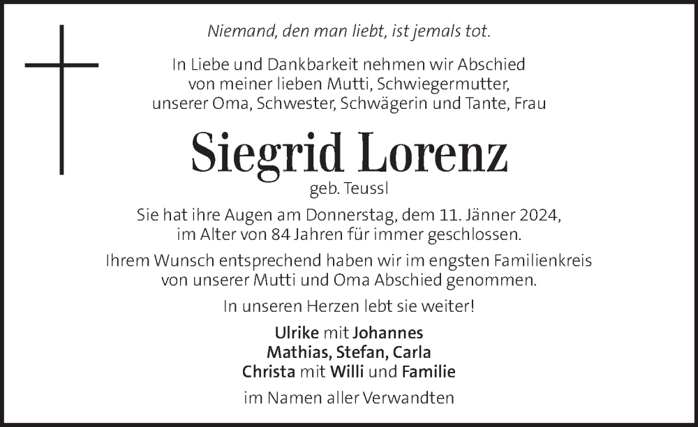 Traueranzeigen Von Siegrid Lorenz Trauer Kleinezeitung At