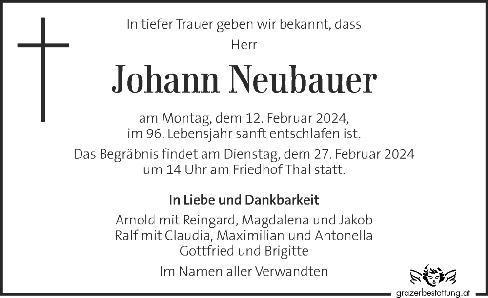 Traueranzeigen Von Johann Neubauer Trauer Kleinezeitung At