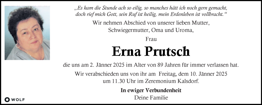 Traueranzeigen Von Erna Prutsch Trauer Kleinezeitung At