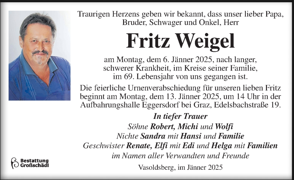 Traueranzeigen Von Fritz Weigel Trauer Kleinezeitung At