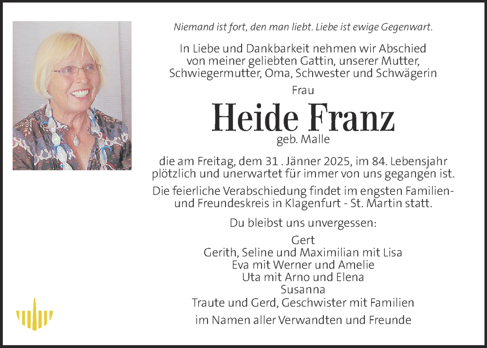 Traueranzeigen Von Heide Franz Trauer Kleinezeitung At