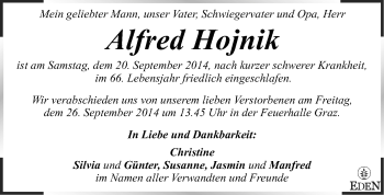 Traueranzeige von Alfred Hojnik von Kleine Zeitung