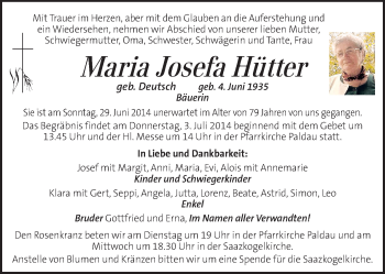 Traueranzeige von Maria Josefa Hütter von Kleine Zeitung