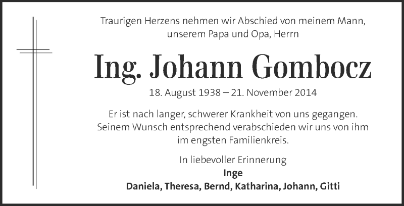  Traueranzeige für Johann Gombocz vom 28.11.2014 aus Kleine Zeitung