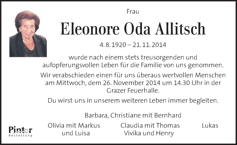  Traueranzeige für Eleonore Oda Allitsch vom 23.11.2014 aus Kleine Zeitung