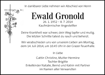 Traueranzeige von Ewald Gronold von Kleine Zeitung