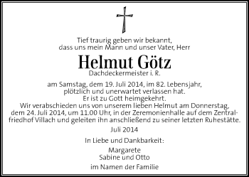 Traueranzeige von Helmut Götz von Kleine Zeitung