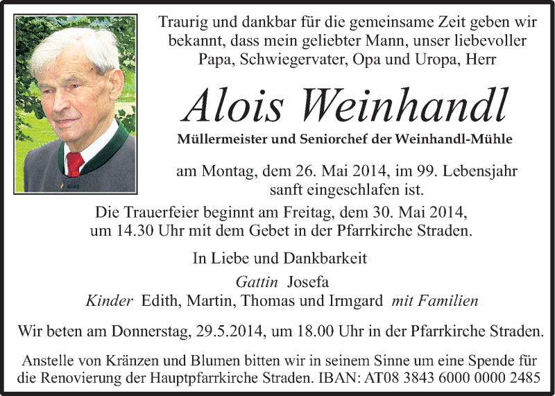  Traueranzeige für Alois Weinhandl vom 28.05.2014 aus Kleine Zeitung