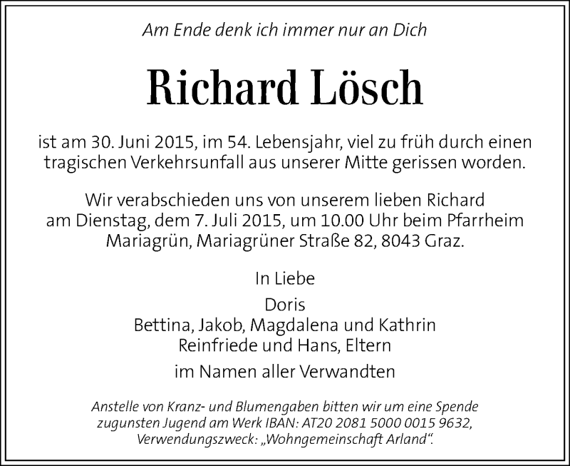  Traueranzeige für Richard Lösch vom 05.07.2015 aus Kleine Zeitung