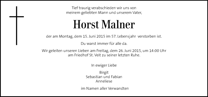  Traueranzeige für Horst Malner vom 23.06.2015 aus Kleine Zeitung