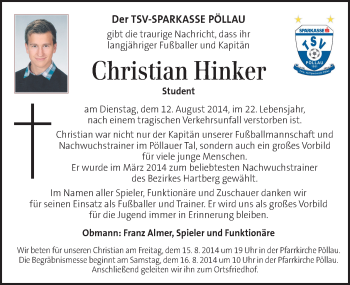 Traueranzeige von Christian Hinker von Kleine Zeitung