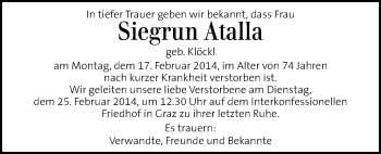 Traueranzeige von Siegrun Atalla von Kleine Zeitung