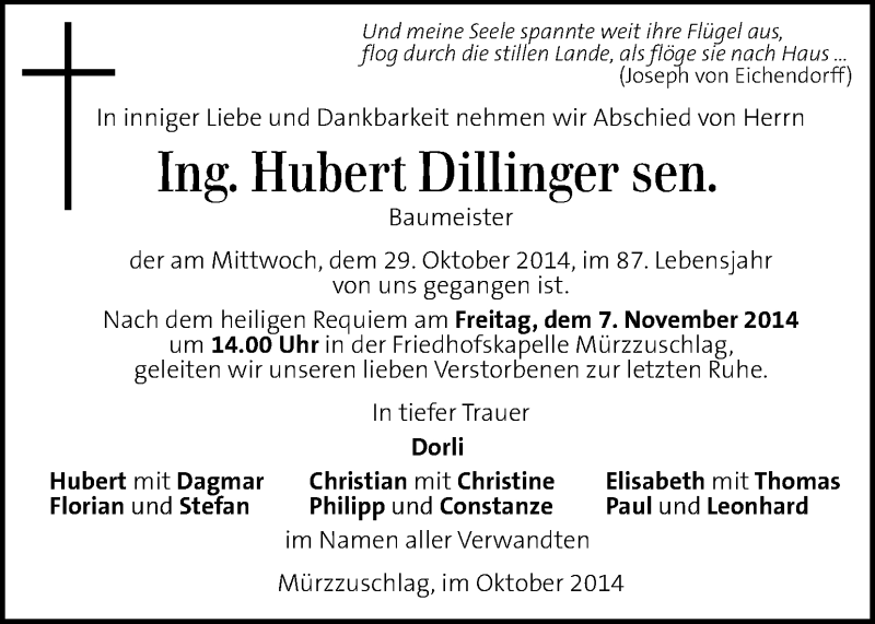  Traueranzeige für Hubert Dillinger vom 05.11.2014 aus Kleine Zeitung