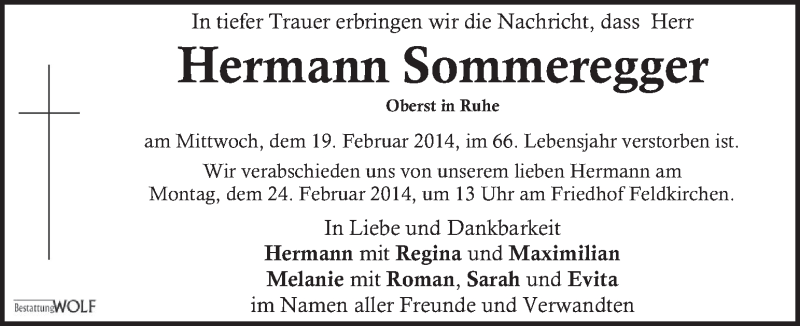  Traueranzeige für Hermann Sommeregger vom 22.02.2014 aus Kleine Zeitung