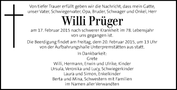 Traueranzeige von Willi Prüger von Kleine Zeitung