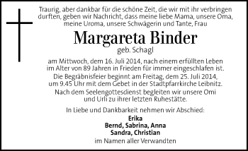 Traueranzeige von Margaretha Binder von Kleine Zeitung