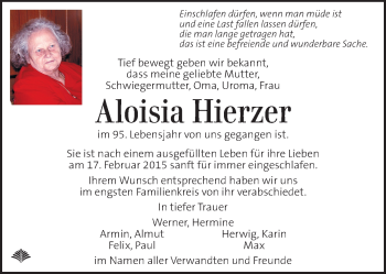 Traueranzeige von Aloisia Hierzer von Kleine Zeitung