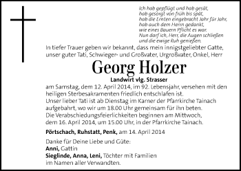 Traueranzeige von Georg Holzer von Kleine Zeitung