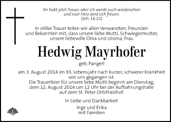 Traueranzeige von Hedwig Mayrhofer von Kleine Zeitung