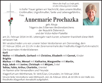Traueranzeige von Annemarie Prochazka von Kleine Zeitung