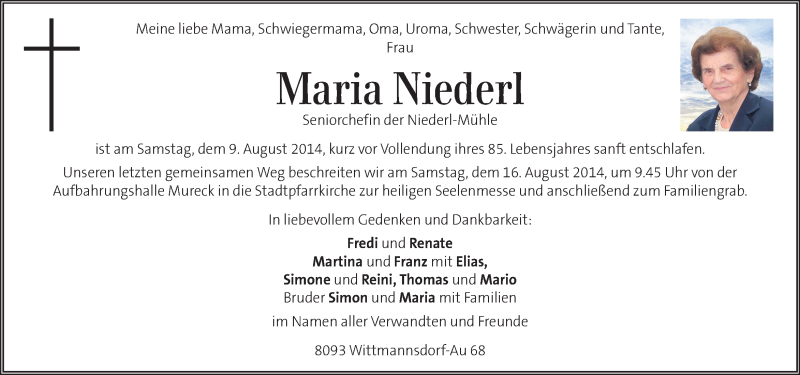  Traueranzeige für Maria Niederl vom 13.08.2014 aus Kleine Zeitung