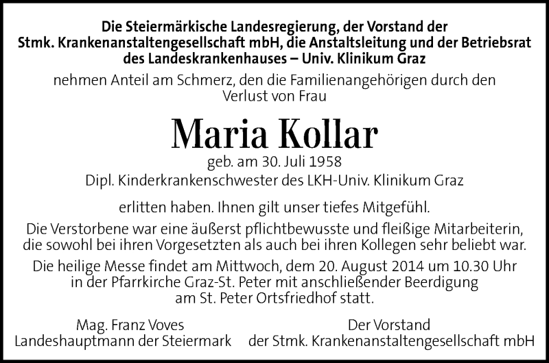  Traueranzeige für Maria Kollar vom 17.08.2014 aus Kleine Zeitung