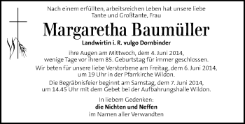 Traueranzeige von Margaretha Baumüller von Kleine Zeitung